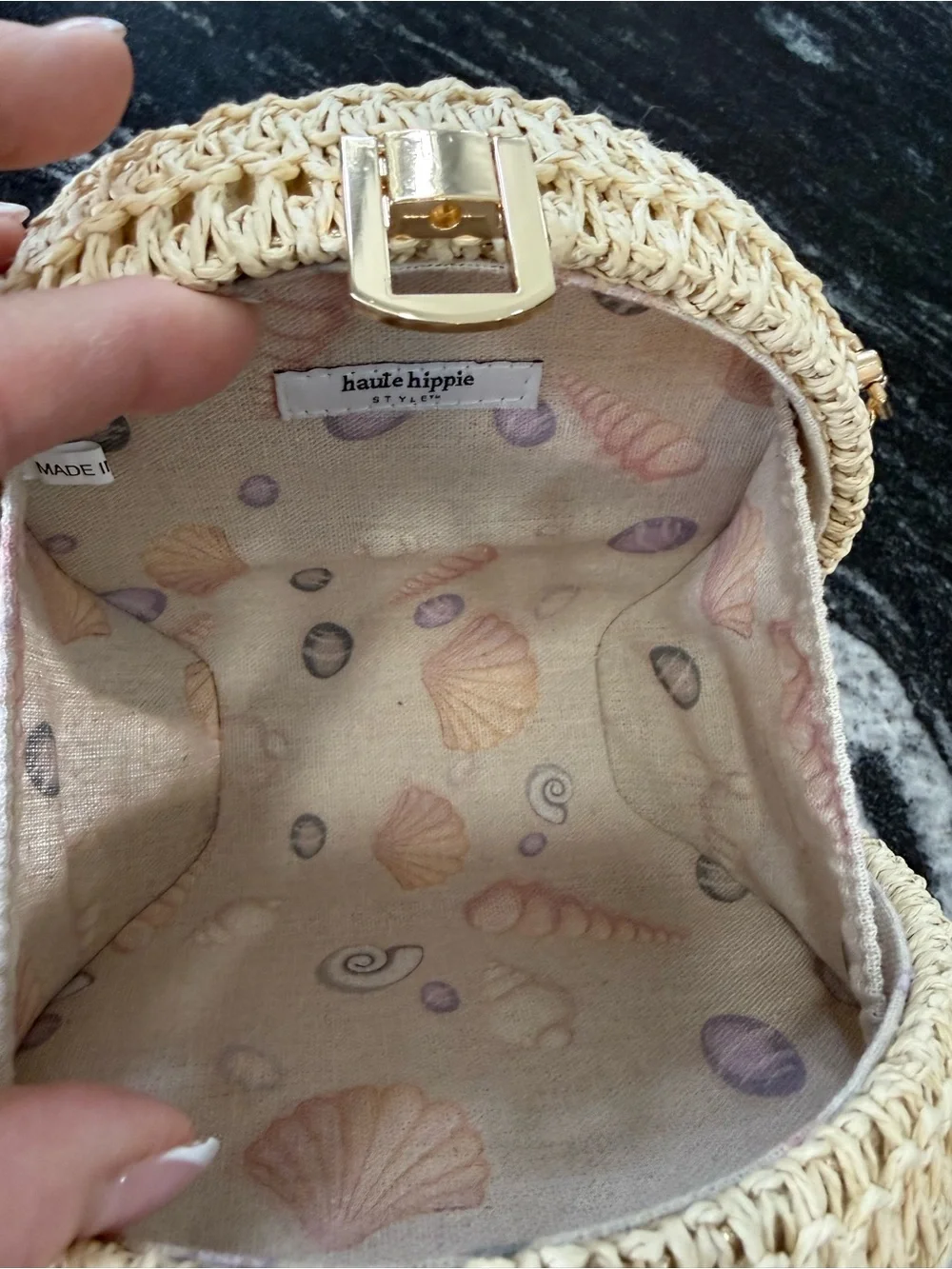 HAUTE HIPPIE Woven Round Crossbody Bag in Natural with Gold Chain & Gold Shimmer - Picture 7 of 14